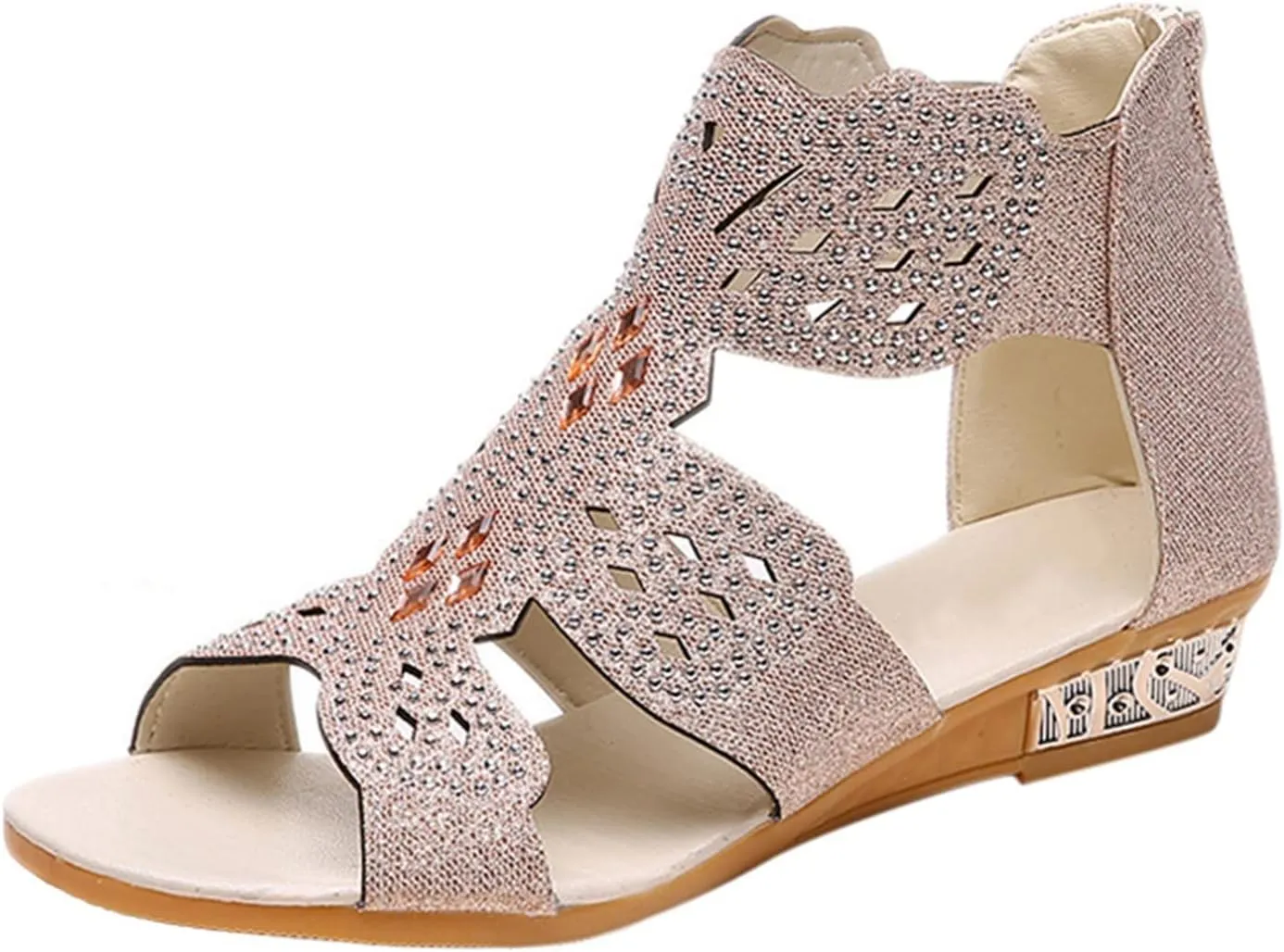 Eduavar Womens Wedge Sandals, Orthopedic Sandals for Women Low Wedge Sandals Cutout Zip Up Crystal Sandals Shoes