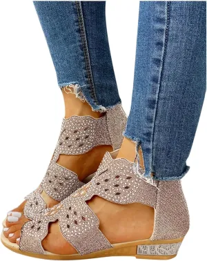 Eduavar Womens Wedge Sandals, Orthopedic Sandals for Women Low Wedge Sandals Cutout Zip Up Crystal Sandals Shoes