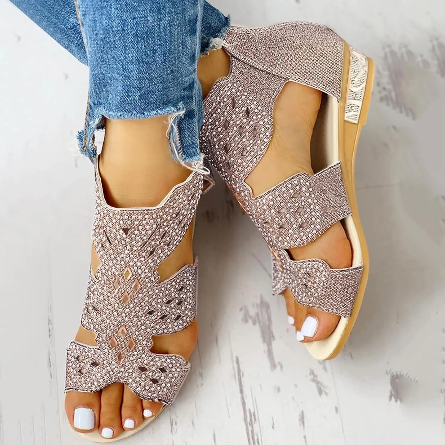 Eduavar Womens Wedge Sandals, Orthopedic Sandals for Women Low Wedge Sandals Cutout Zip Up Crystal Sandals Shoes