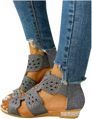 Eduavar Womens Wedge Sandals, Orthopedic Sandals for Women Low Wedge Sandals Cutout Zip Up Crystal Sandals Shoes