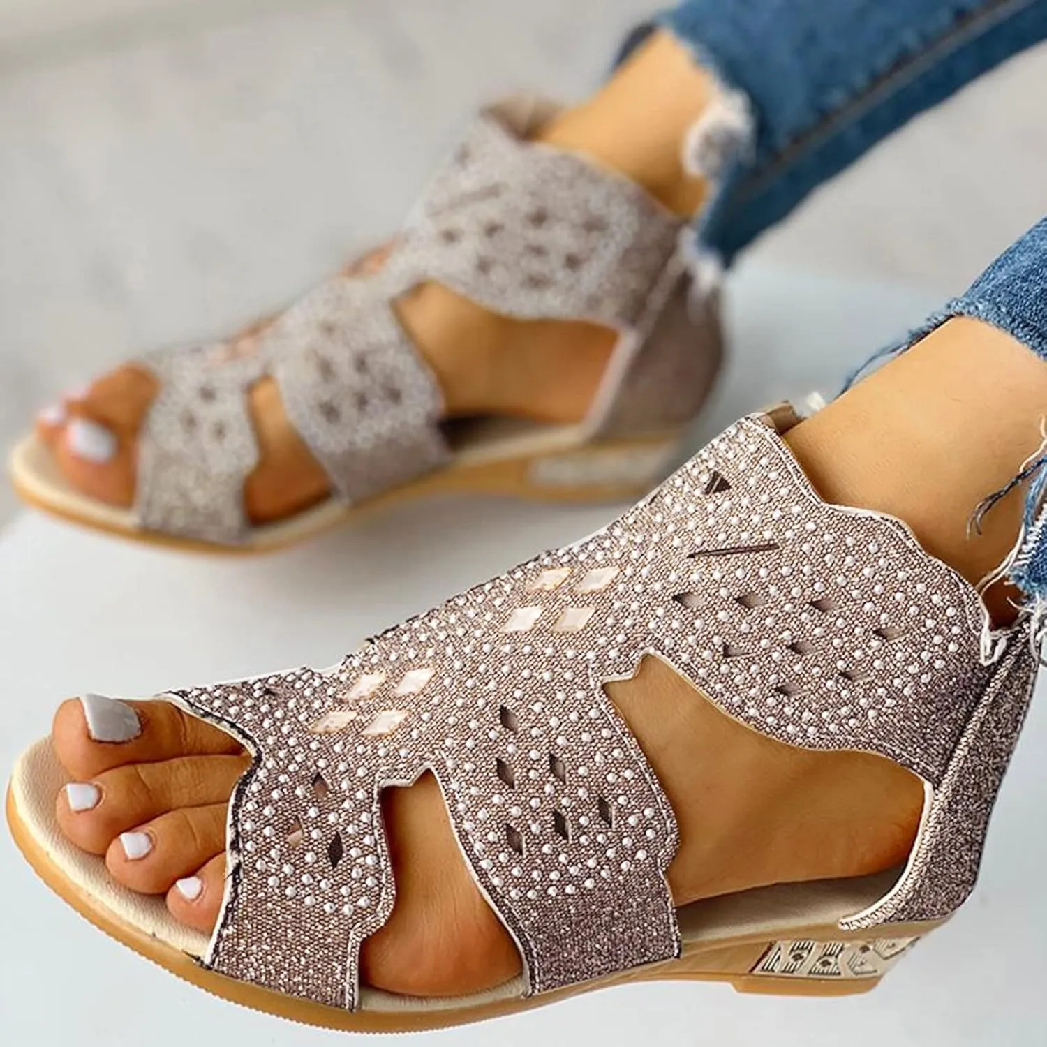 Eduavar Womens Wedge Sandals, Orthopedic Sandals for Women Low Wedge Sandals Cutout Zip Up Crystal Sandals Shoes