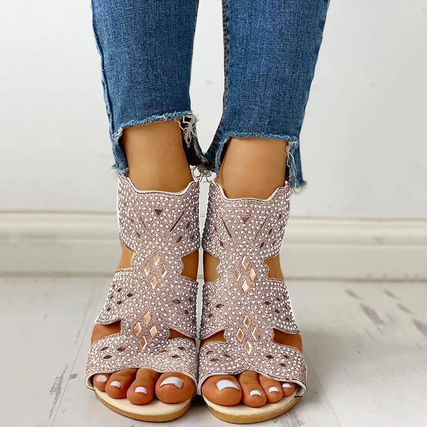 Eduavar Womens Wedge Sandals, Orthopedic Sandals for Women Low Wedge Sandals Cutout Zip Up Crystal Sandals Shoes