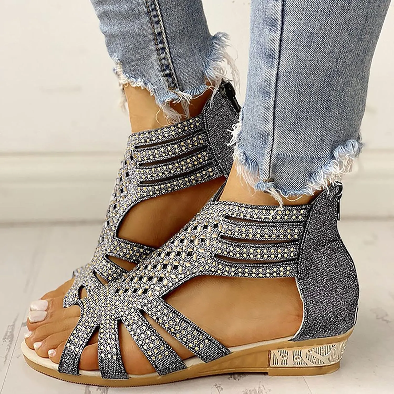 Eduavar Womens Wedge Sandals, Orthopedic Sandals for Women Low Wedge Sandals Cutout Zip Up Crystal Sandals Shoes