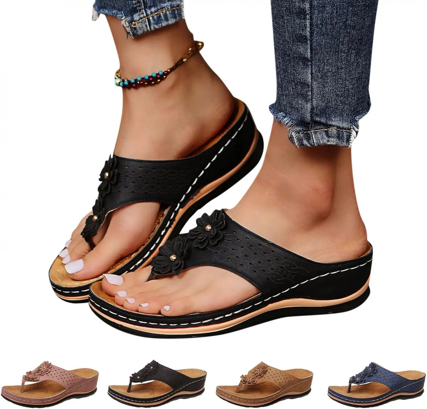 Gibobby Sandals for Women Wedge Sandals with Arch Support Summer Platform Bohemia Flip Flops Flat Shoes Casual Thong Sandals