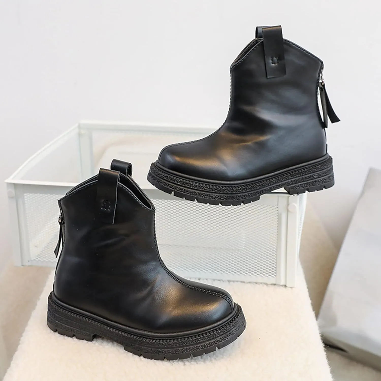 Girl Ankle Boots Kids Lug Sole Low Heel Ankle Short Booties Western Cowgirl Boots Non-Slip Back Zip Walking Shoes
