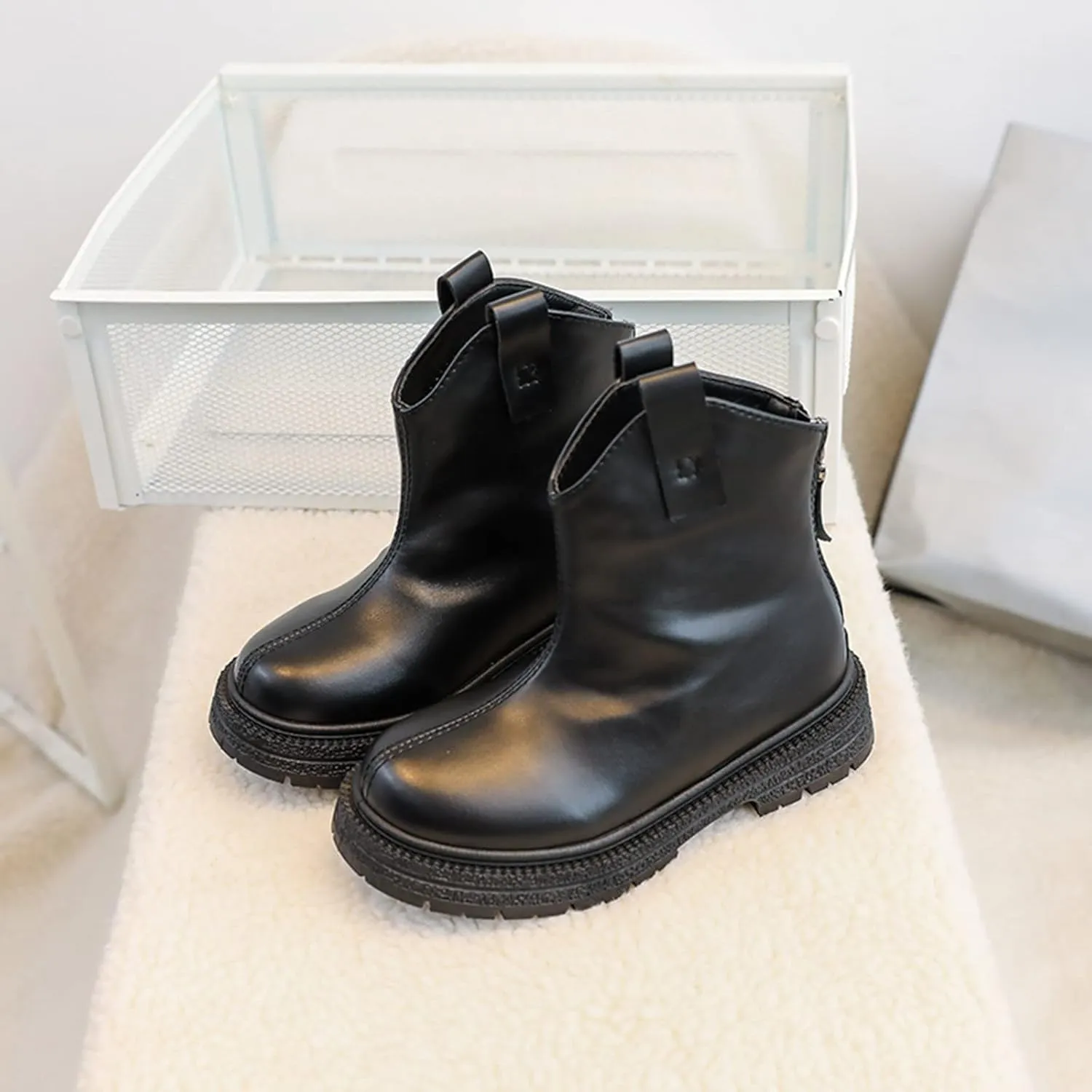 Girl Ankle Boots Kids Lug Sole Low Heel Ankle Short Booties Western Cowgirl Boots Non-Slip Back Zip Walking Shoes
