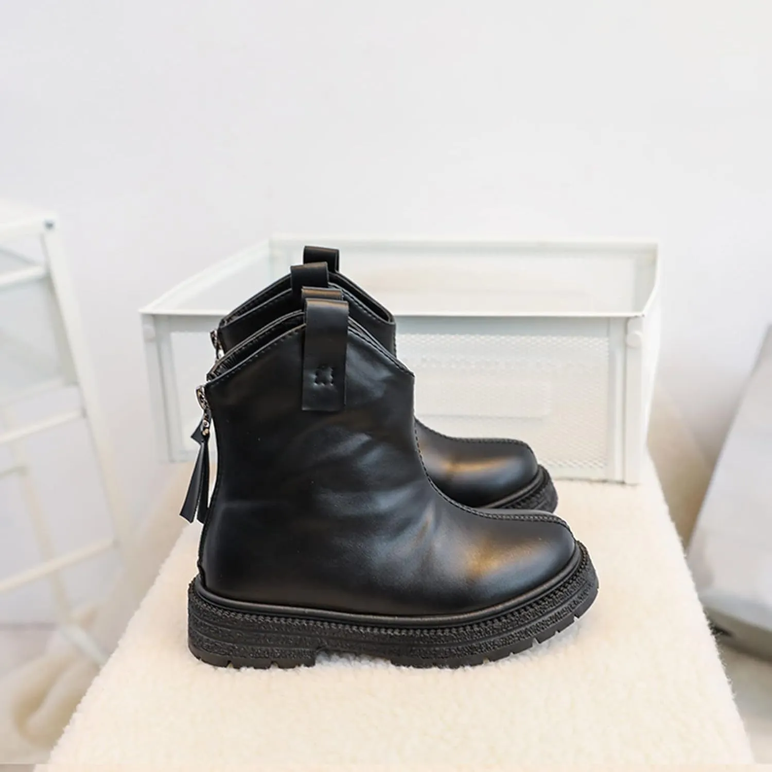 Girl Ankle Boots Kids Lug Sole Low Heel Ankle Short Booties Western Cowgirl Boots Non-Slip Back Zip Walking Shoes