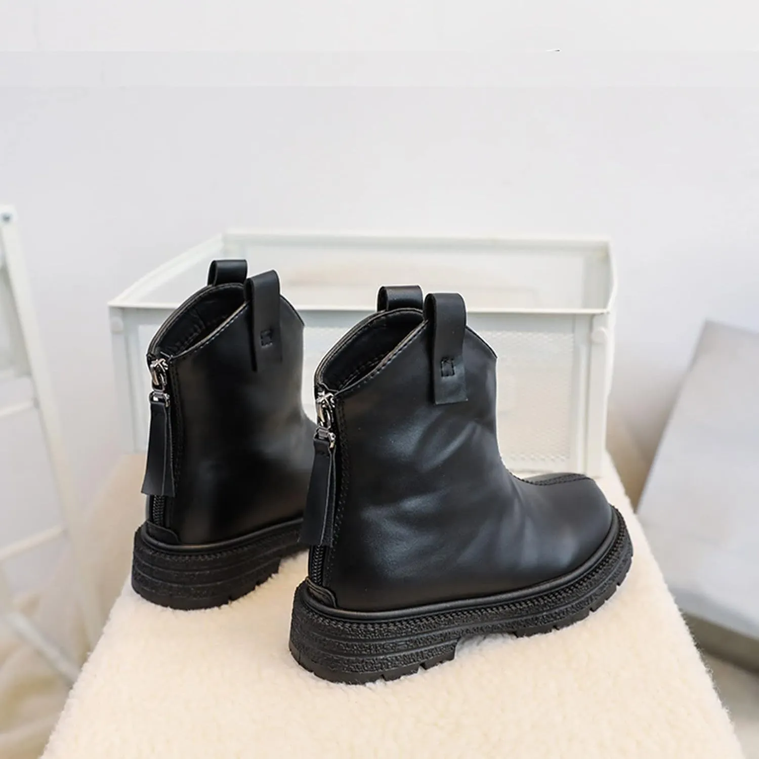 Girl Ankle Boots Kids Lug Sole Low Heel Ankle Short Booties Western Cowgirl Boots Non-Slip Back Zip Walking Shoes