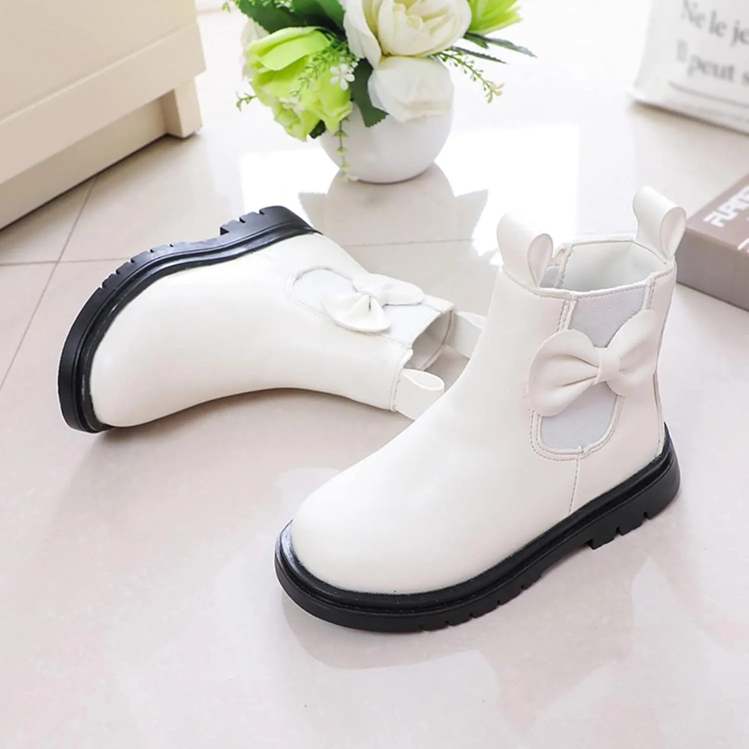 Girls Ankle Boots Leather Boots with Bow Kids Comfortable Slip on Chelsea Booties for Toddler Kids Winter Shoes