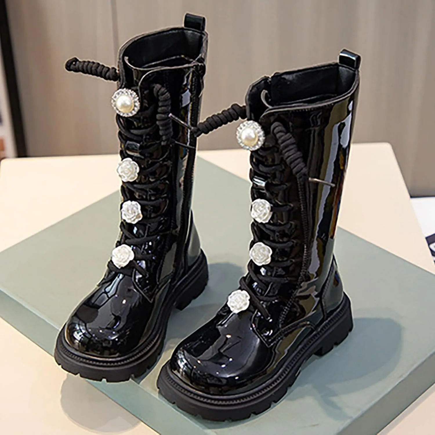 Girls Knee Length Boots Side Zipper Combat Riding Boots Lace-Up Chunky Low Heel Tall Winter Boots Dress Kids Shoes