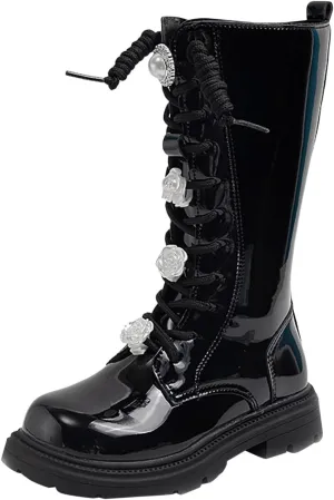 Girls Knee Length Boots Side Zipper Combat Riding Boots Lace-Up Chunky Low Heel Tall Winter Boots Dress Kids Shoes