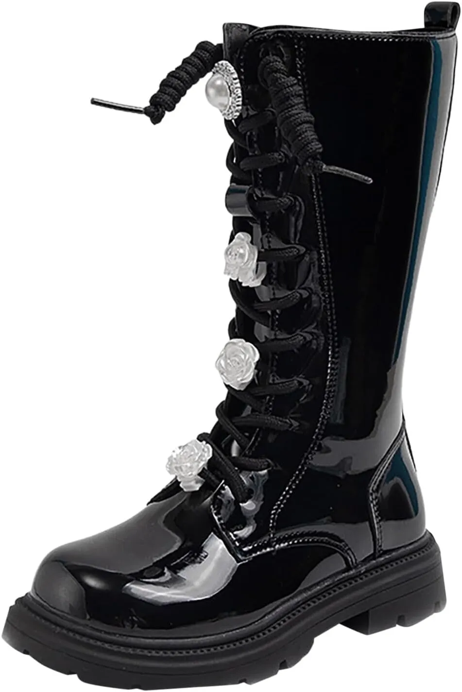 Girls Knee Length Boots Side Zipper Combat Riding Boots Lace-Up Chunky Low Heel Tall Winter Boots Dress Kids Shoes