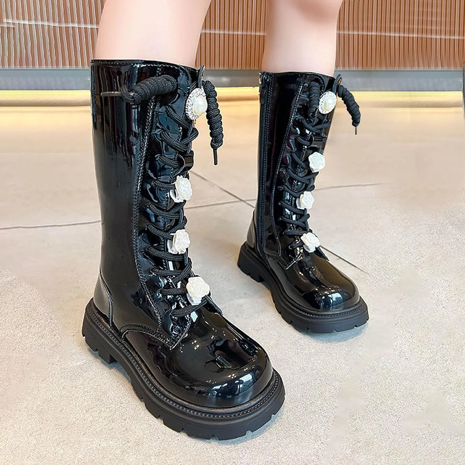 Girls Knee Length Boots Side Zipper Combat Riding Boots Lace-Up Chunky Low Heel Tall Winter Boots Dress Kids Shoes