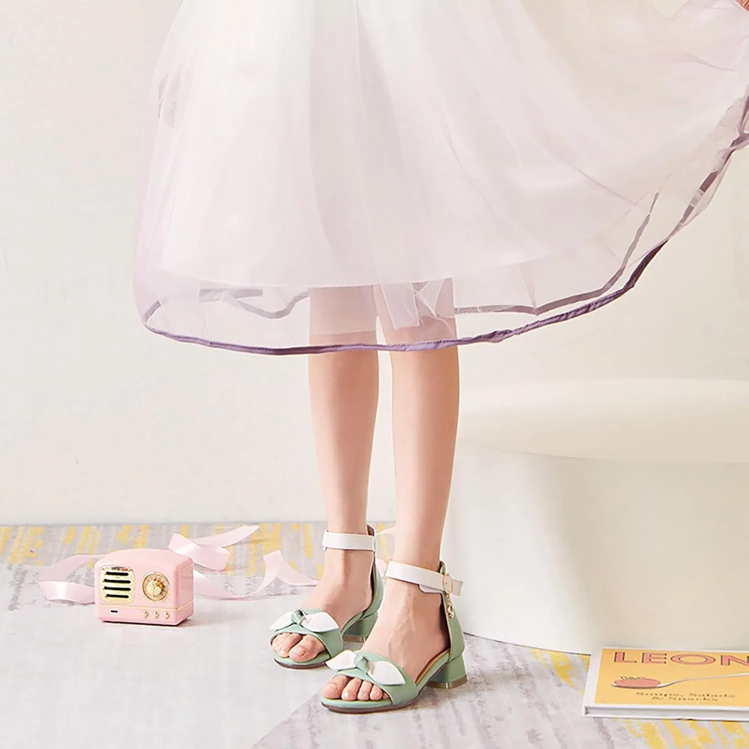 Girls Low Heel Closed Toe Ankle Strap Sandals Kids Hook Buckle Strap Bowknot Prom Dress Shoes for School Dance