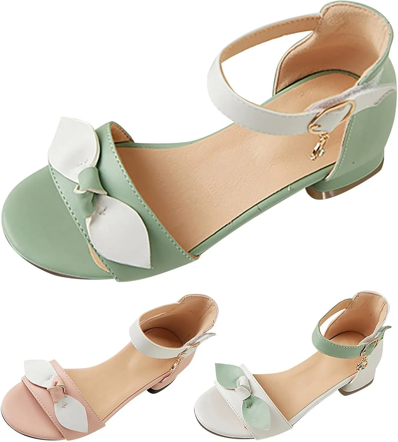 Girls Low Heel Closed Toe Ankle Strap Sandals Kids Hook Buckle Strap Bowknot Prom Dress Shoes for School Dance