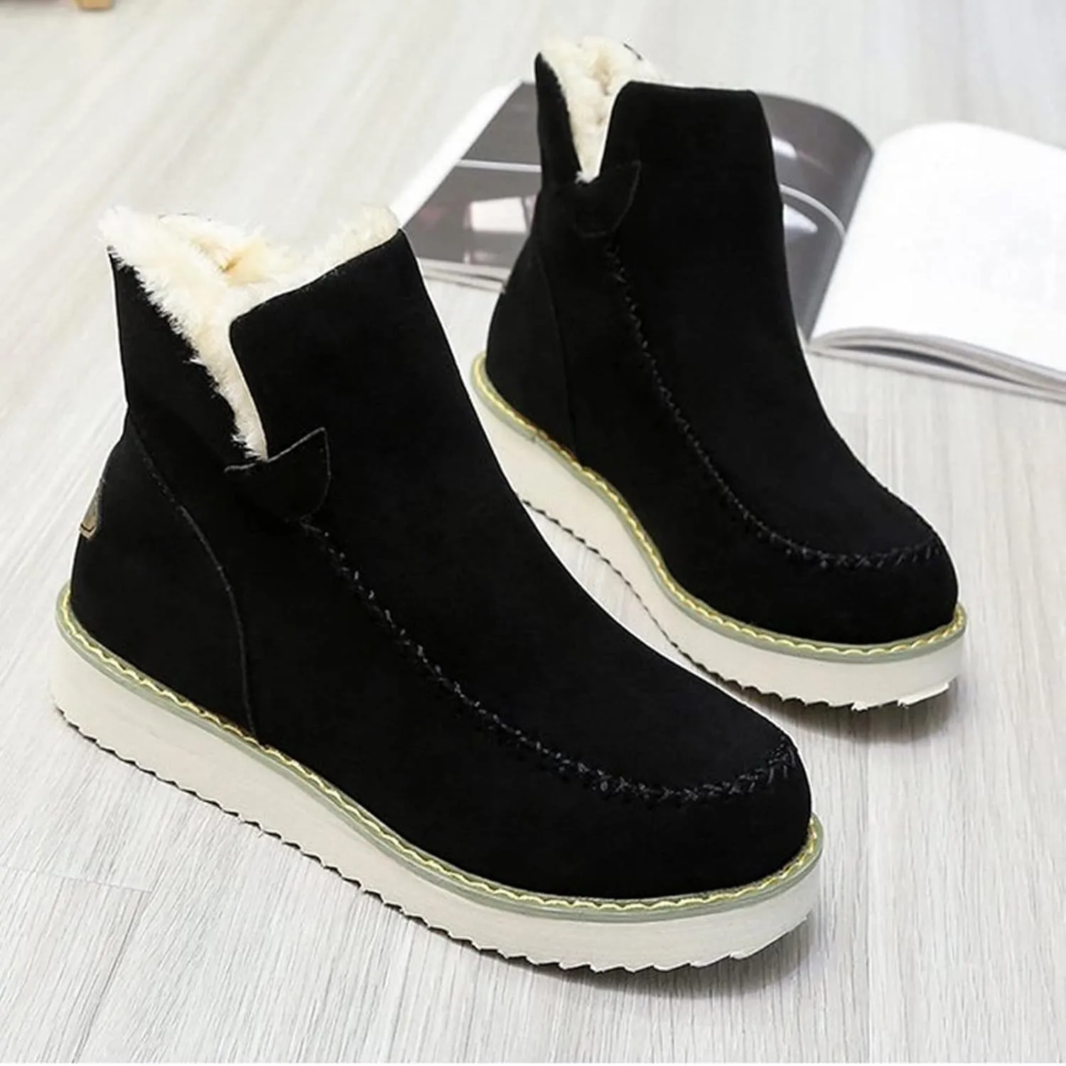 hlysgo Women Wide Width Winter Ankle Boots Anti-slip Outdoor Hiking Booties Warm Lined Comfort Snow Boot Suede Boos