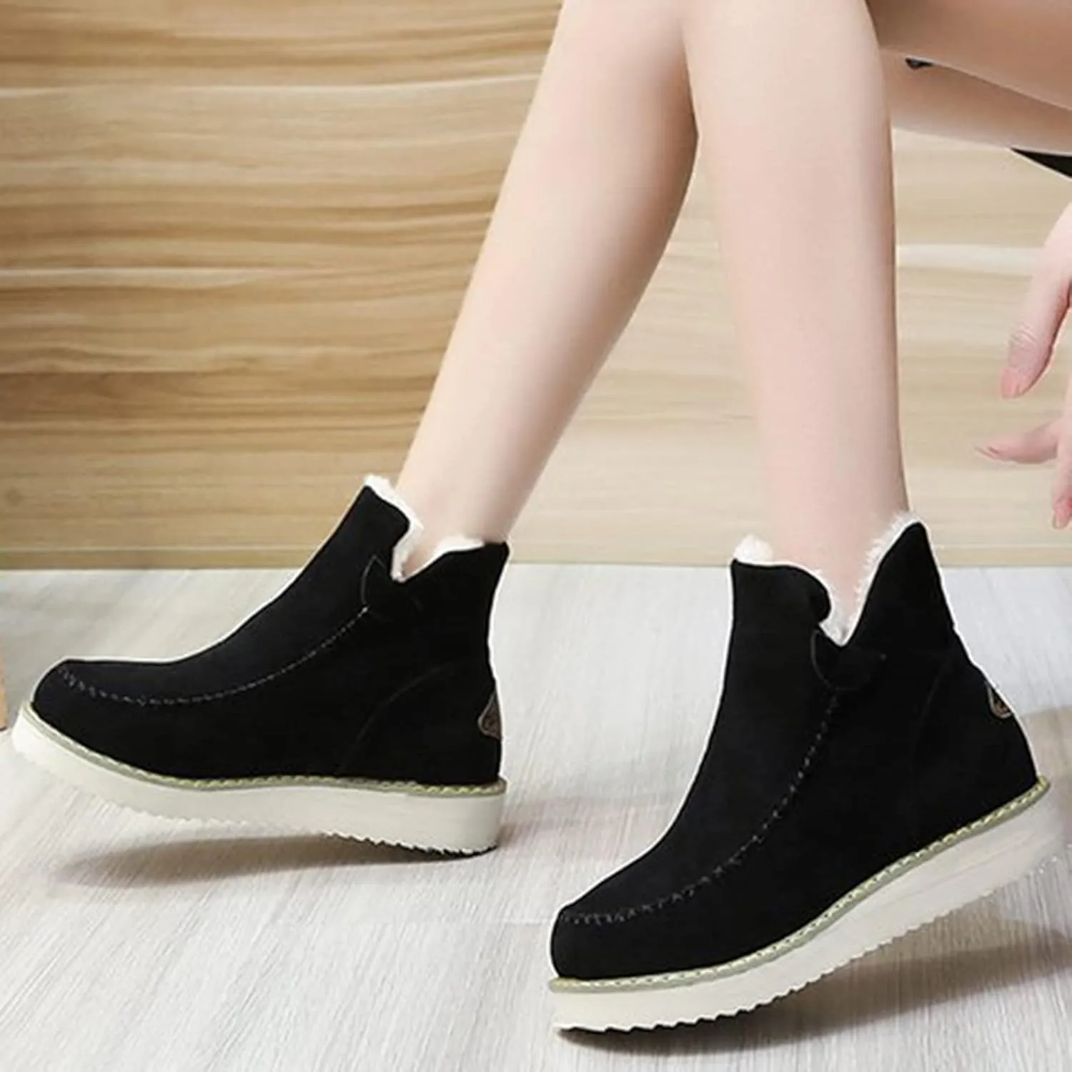 hlysgo Women Wide Width Winter Ankle Boots Anti-slip Outdoor Hiking Booties Warm Lined Comfort Snow Boot Suede Boos