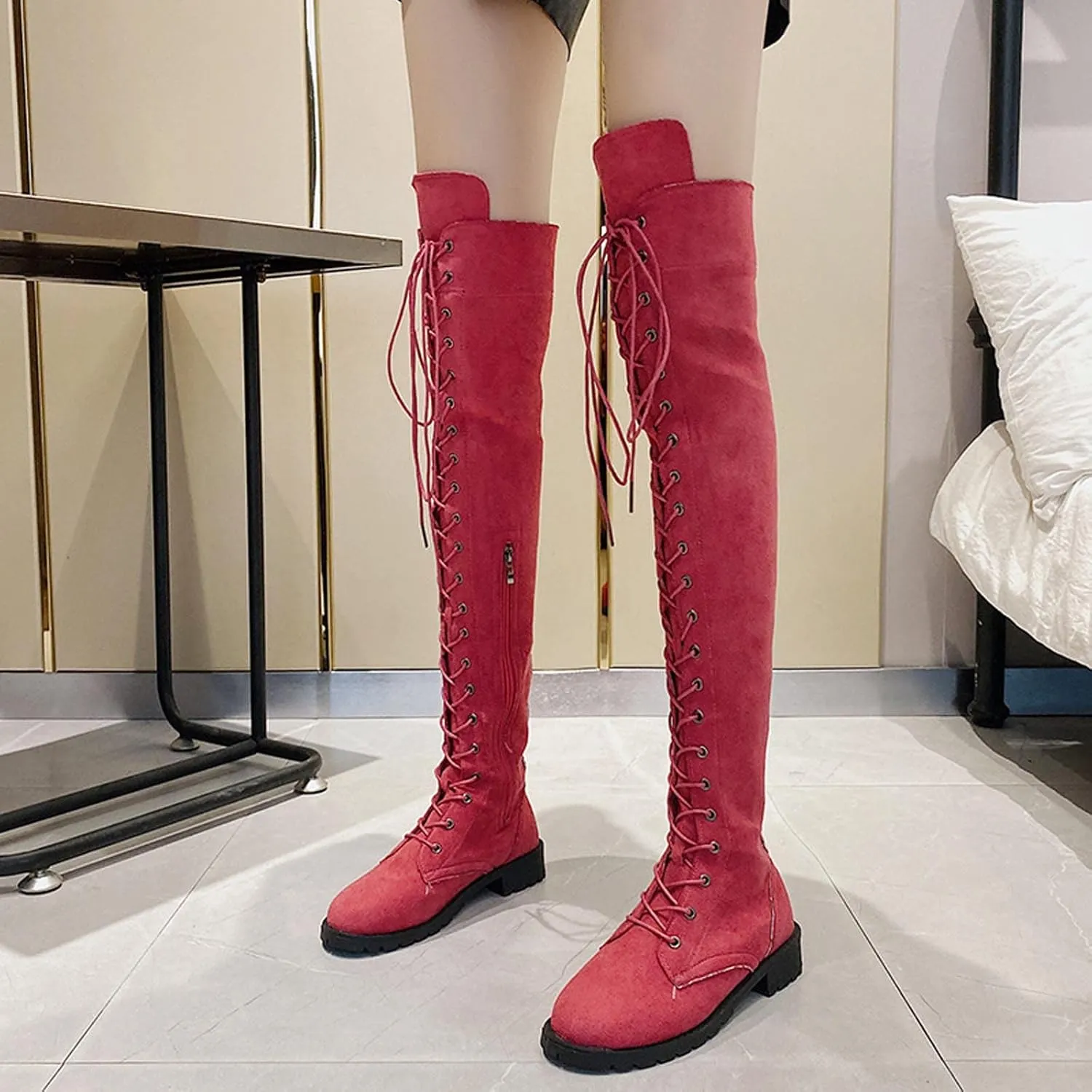 hlysgo Womens Lacing Up Over The Knee Fashion Winter Wide Calf Sexy Thigh High Stretch Long Boots