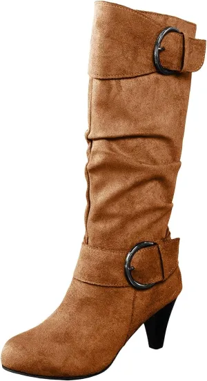 Knee High Boots Women High Heel Fashion Belt Buckle Wine Glass Heel Pointed Toe Solid Color Thigh High Knee Boots