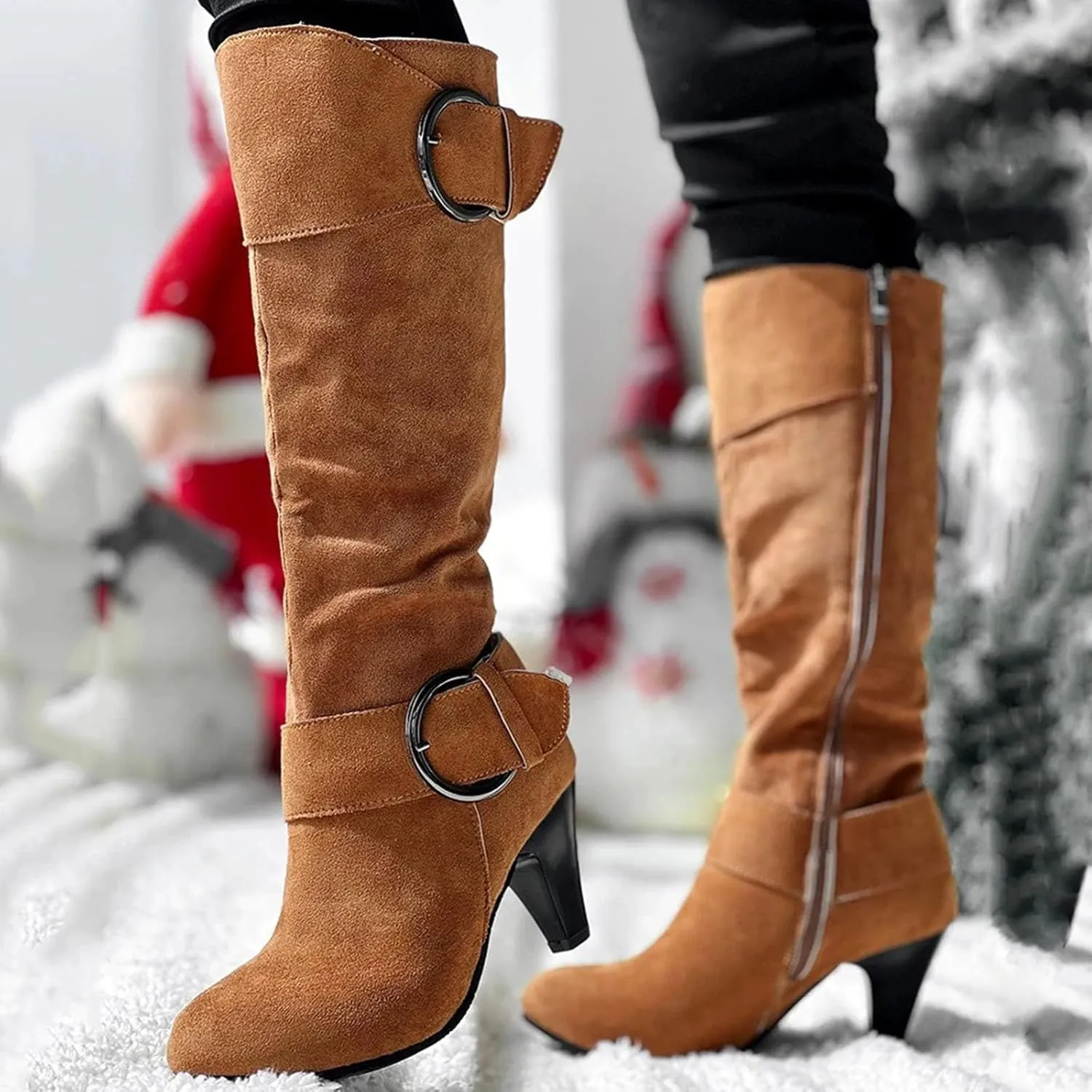 Knee High Boots Women High Heel Fashion Belt Buckle Wine Glass Heel Pointed Toe Solid Color Thigh High Knee Boots