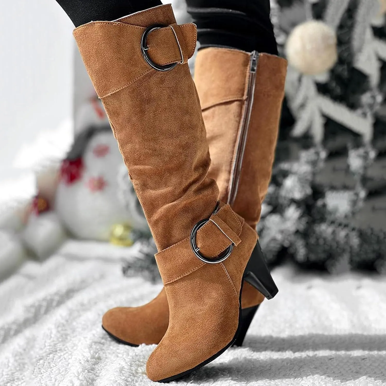 Knee High Boots Women High Heel Fashion Belt Buckle Wine Glass Heel Pointed Toe Solid Color Thigh High Knee Boots