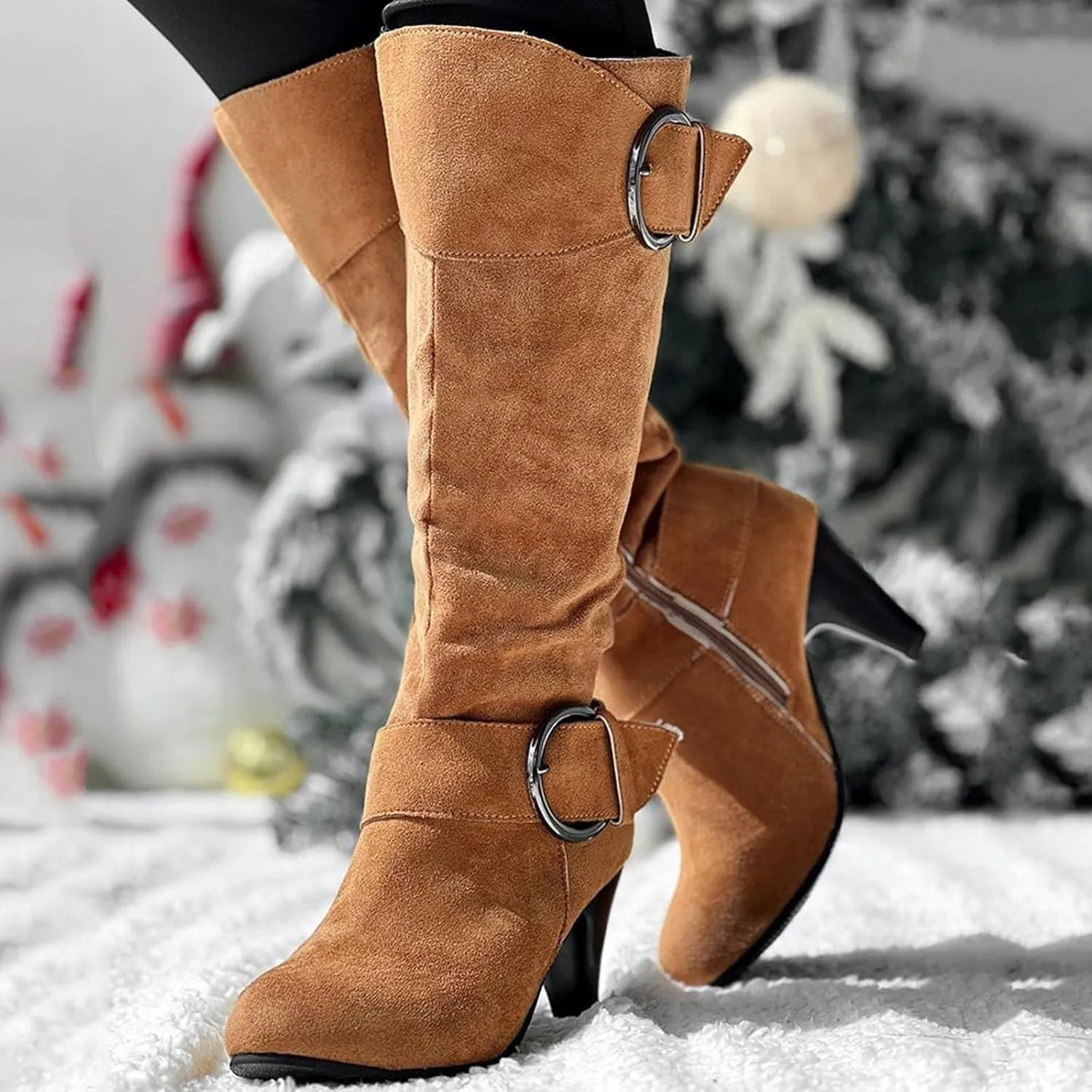 Knee High Boots Women High Heel Fashion Belt Buckle Wine Glass Heel Pointed Toe Solid Color Thigh High Knee Boots