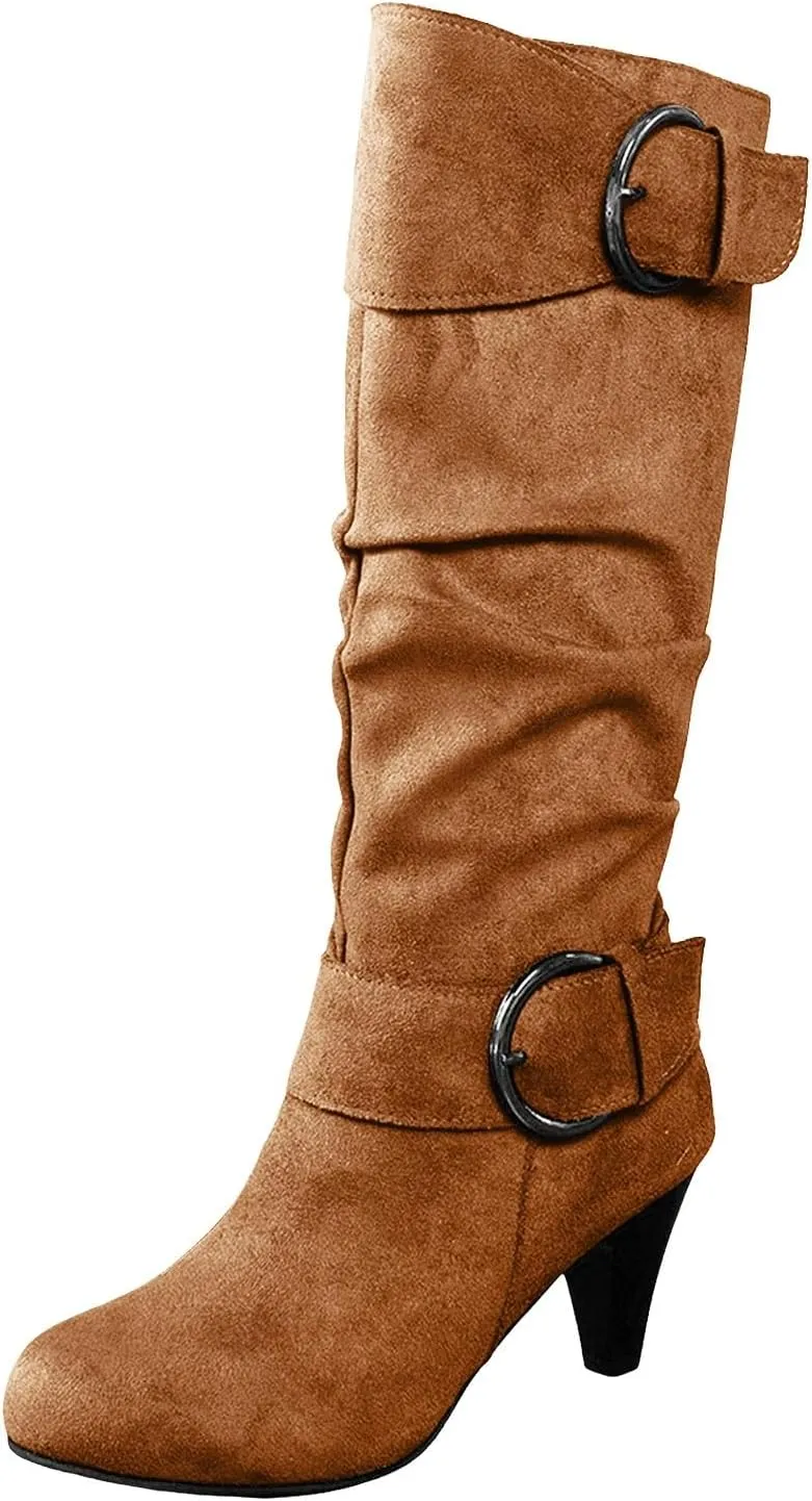 Knee High Boots Women High Heel Fashion Belt Buckle Wine Glass Heel Pointed Toe Solid Color Thigh High Knee Boots