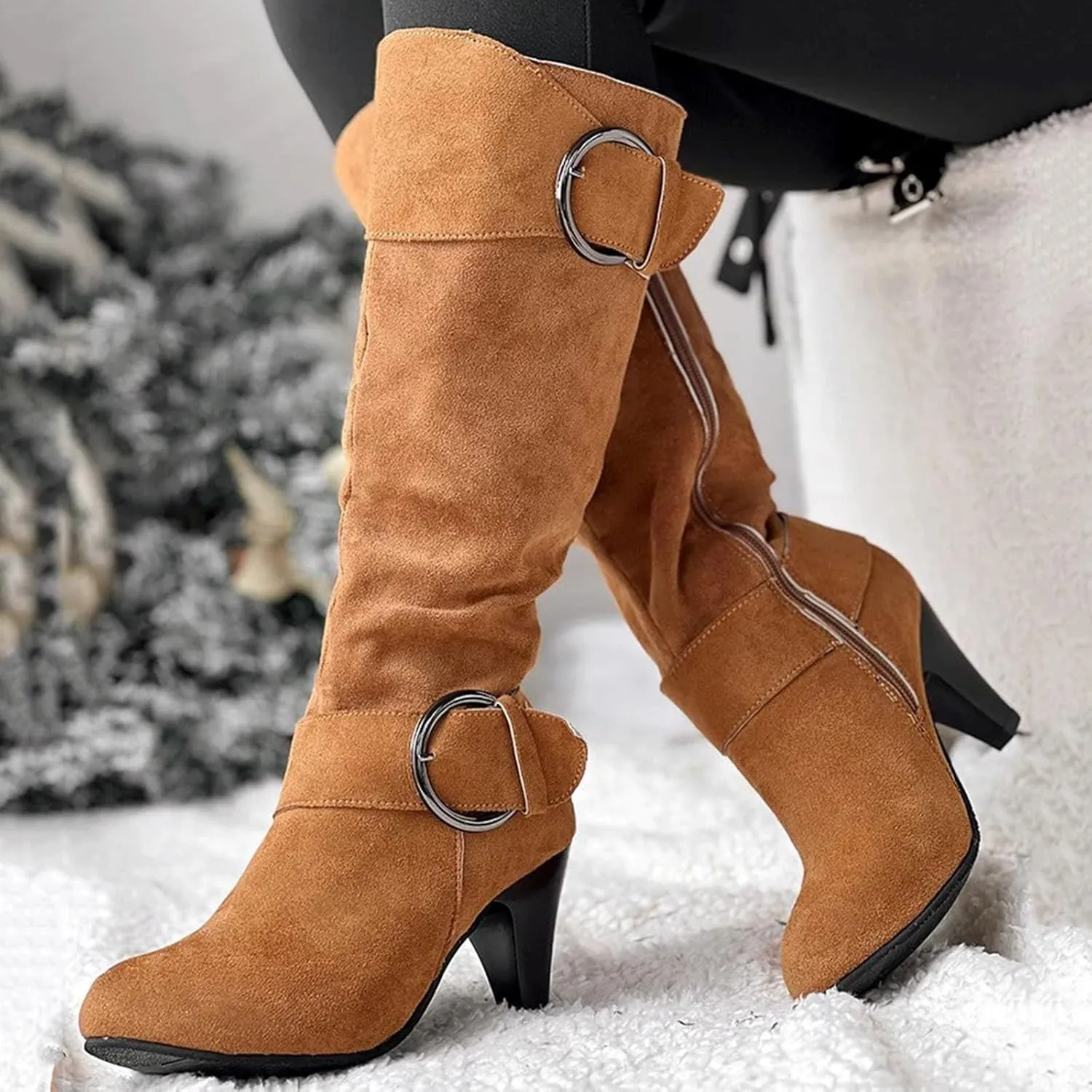 Knee High Boots Women High Heel Fashion Belt Buckle Wine Glass Heel Pointed Toe Solid Color Thigh High Knee Boots