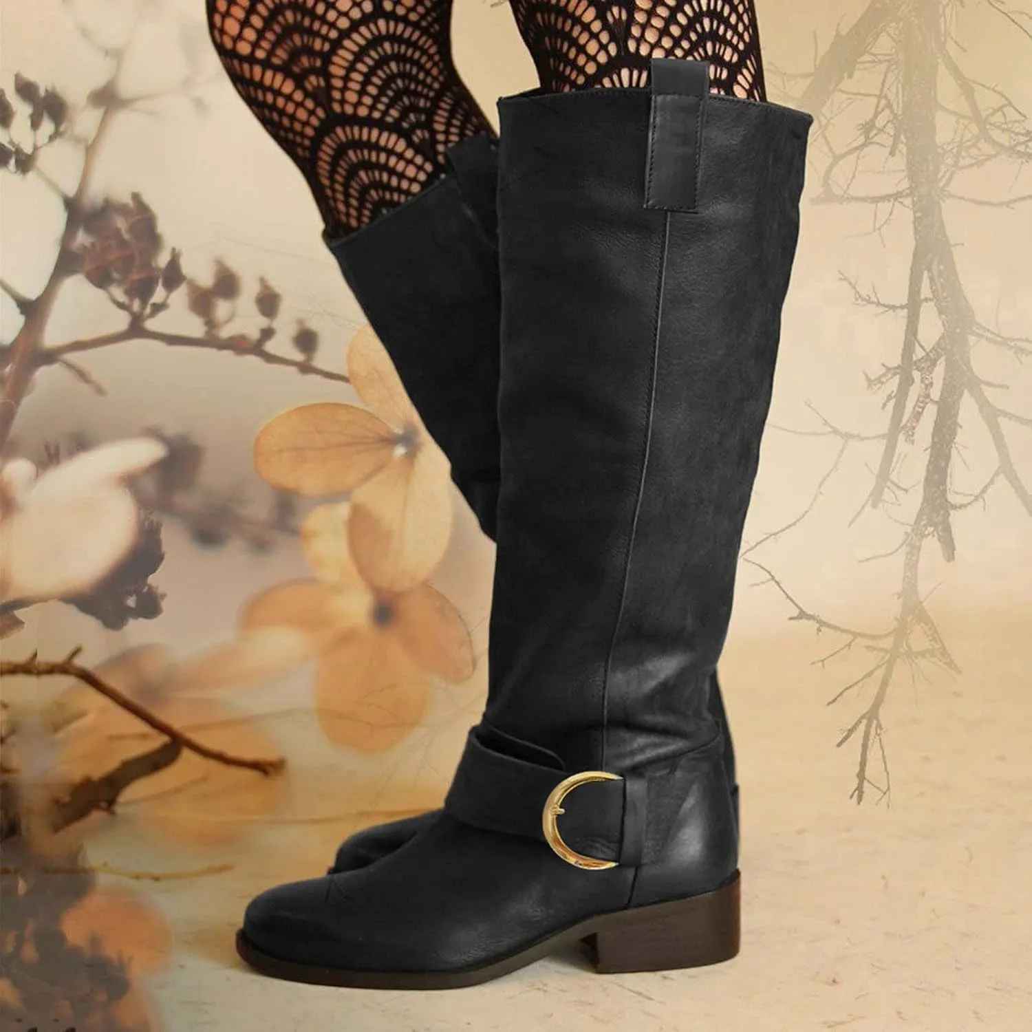 Knee High Boots Women Low Heel Winter Boots for Women 2024 Women's Roman Style Chunky Heel Buckle Boots Booties
