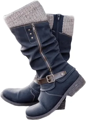 Ladmiple Cowgirl Boots Women Wide Calf Knee High Western Boots Pointed Toe Chunky Heel Stitching Pull On Cowboy Boots