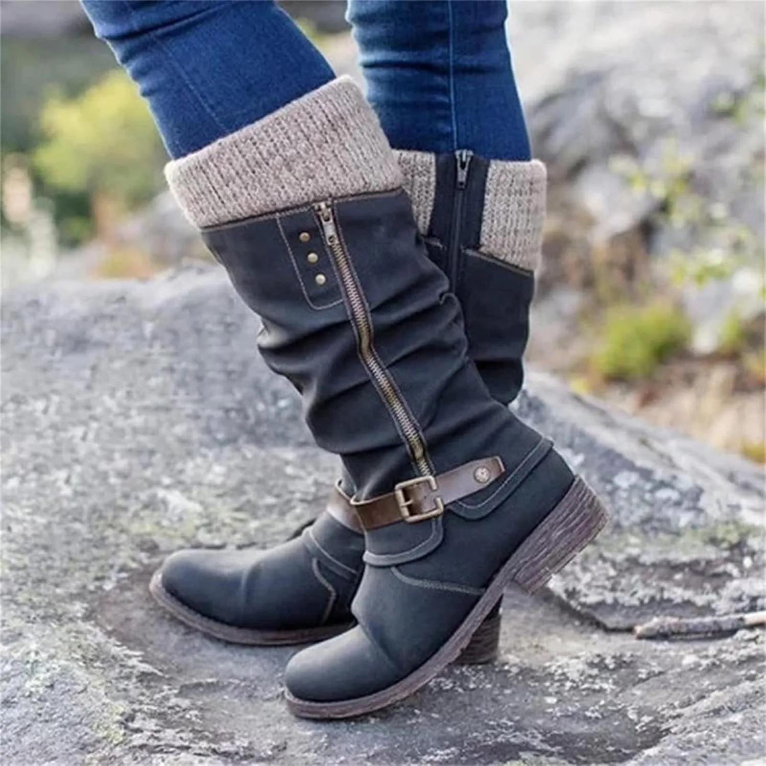 Ladmiple Cowgirl Boots Women Wide Calf Knee High Western Boots Pointed Toe Chunky Heel Stitching Pull On Cowboy Boots