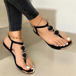 Ladmiple Sandals Women Comfortable Dressy Summer Flat Thong Sandals with T-Strap and Ankle Strap Gladiator Strappy Sandals