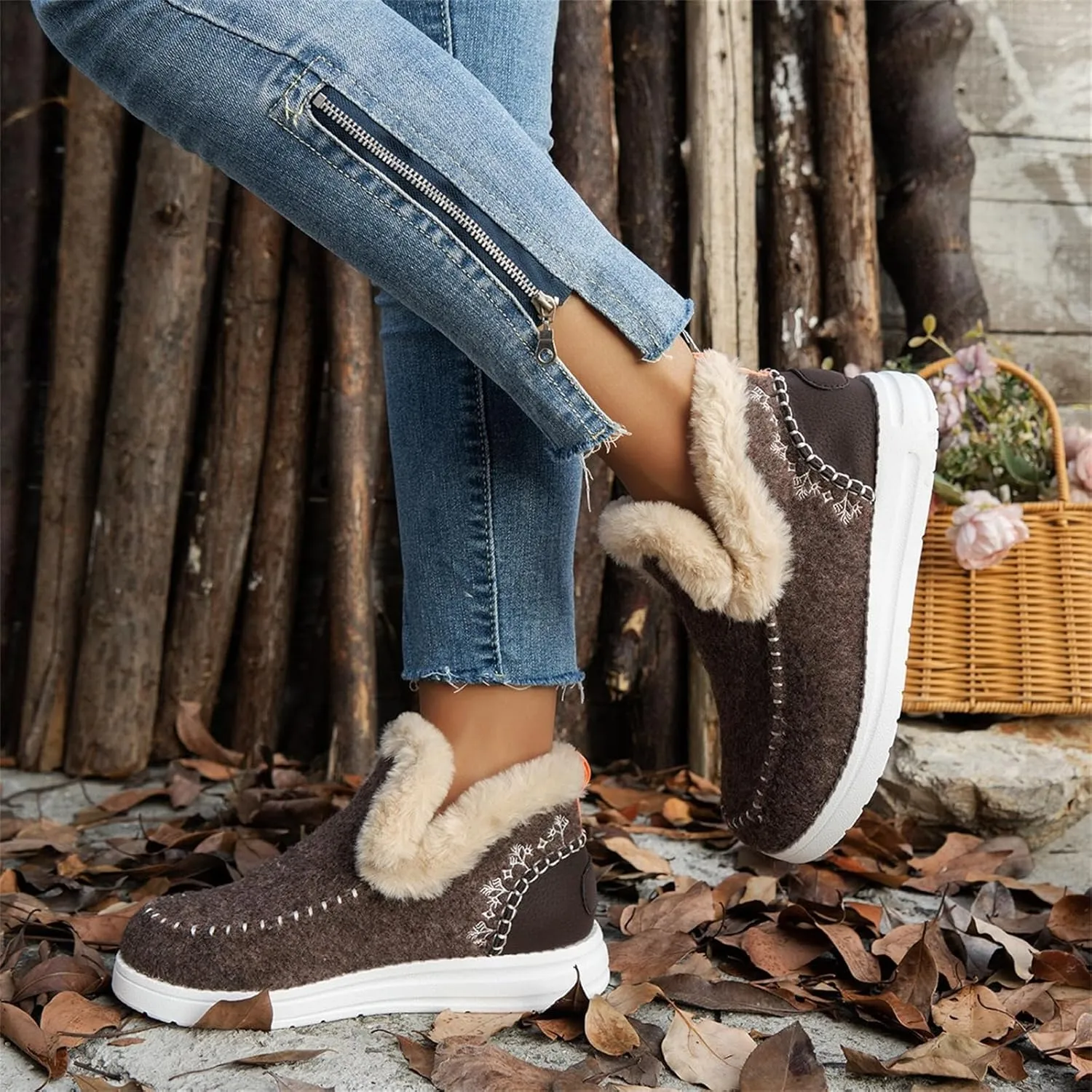 Ladmiple Winter Boots For Women 2024 Dressy Warm Fur Lined Snow Boots Short Ankle Booties Slip On Comfortable Loafers Shoes