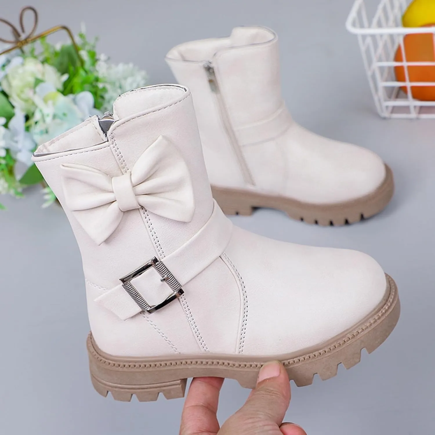 Little Girls Boots Cute Bowknot Dress Boots Anti Slip Low Heel Boots Fashion Comfortable Motorcycle Riding Boots