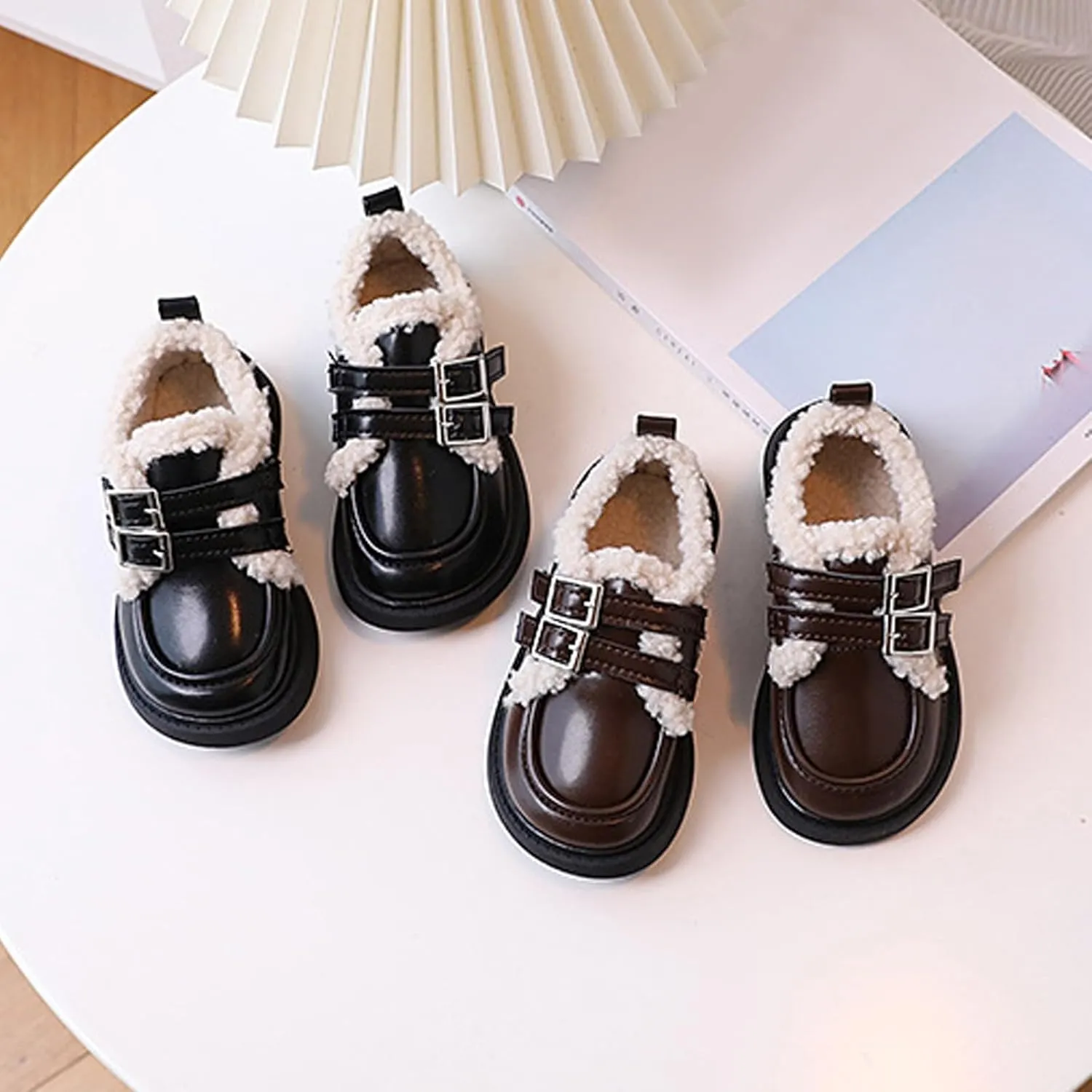 Little/Big Girls Fleece Plush PU Leather occasin Loafers Kids Soft Sole Slip-On Outdoor Casual Baby Girl Shoe
