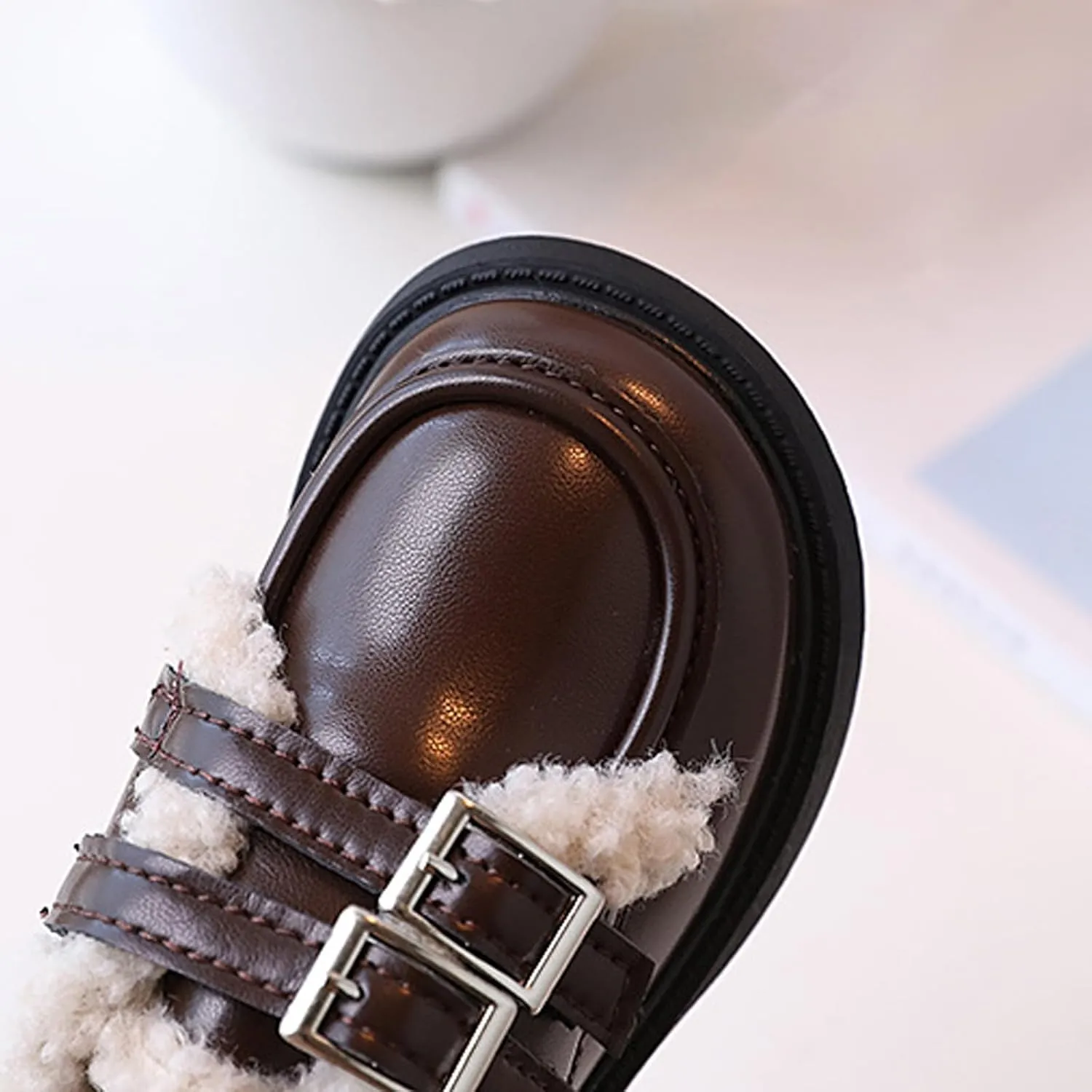 Little/Big Girls Fleece Plush PU Leather occasin Loafers Kids Soft Sole Slip-On Outdoor Casual Baby Girl Shoe