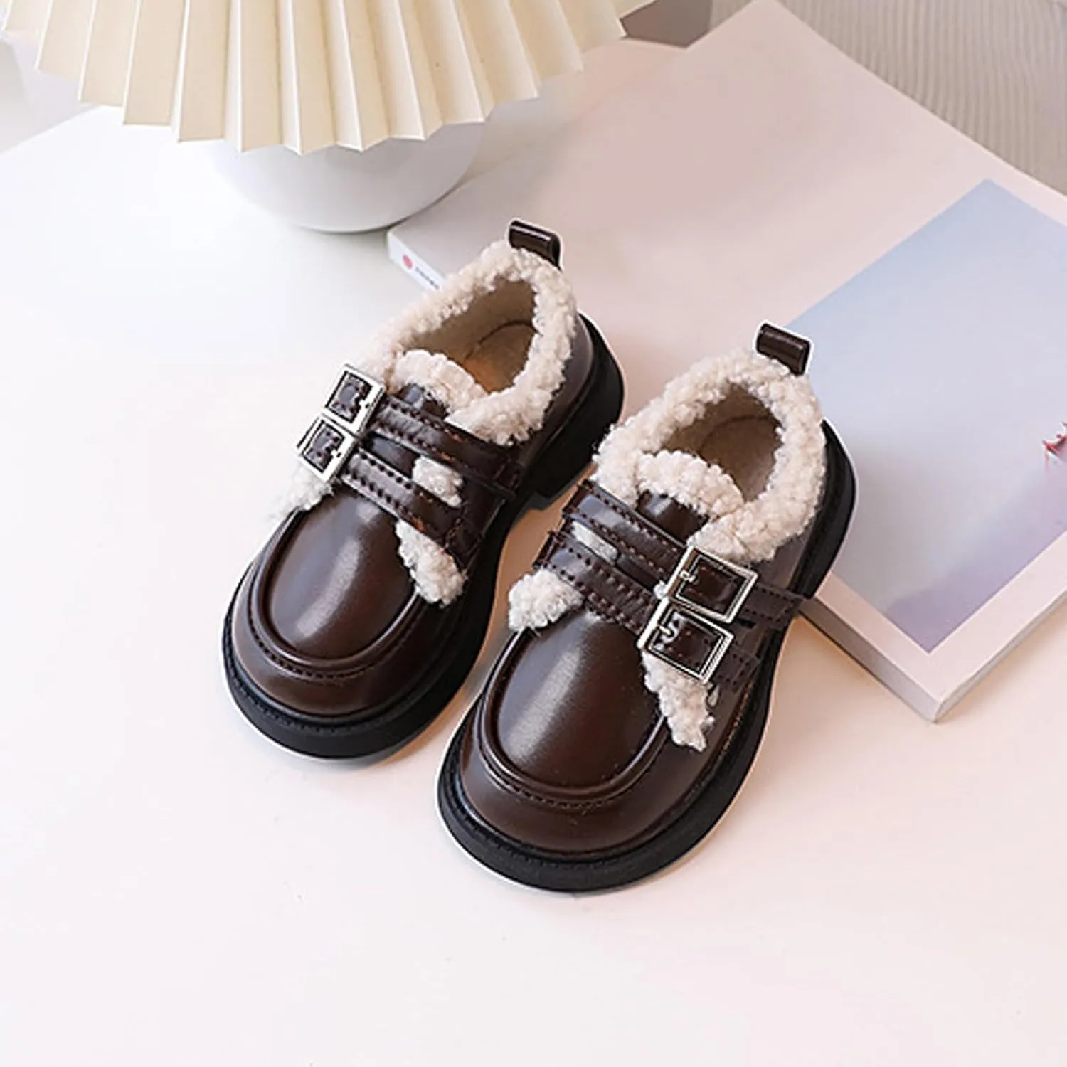Little/Big Girls Fleece Plush PU Leather occasin Loafers Kids Soft Sole Slip-On Outdoor Casual Baby Girl Shoe