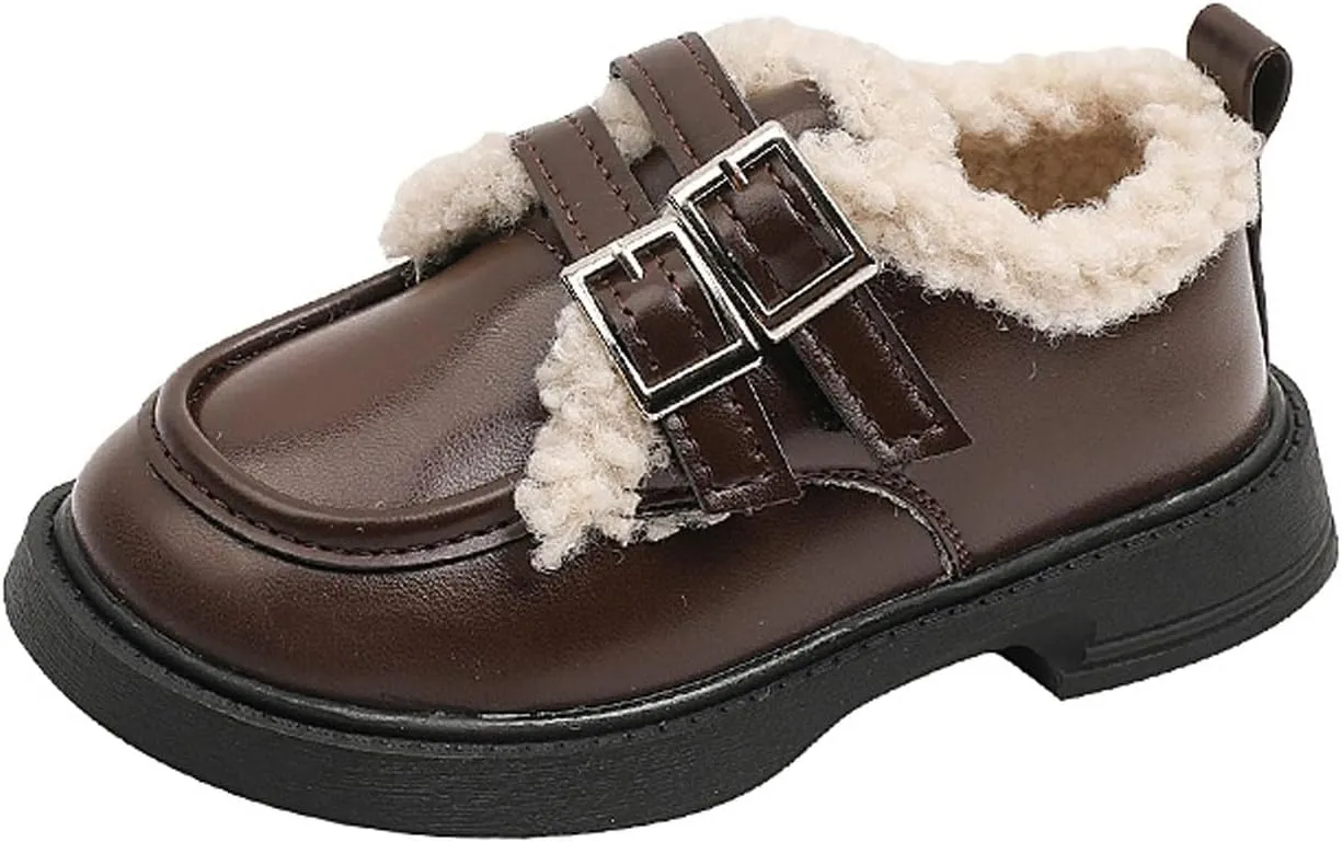 Little/Big Girls Fleece Plush PU Leather occasin Loafers Kids Soft Sole Slip-On Outdoor Casual Baby Girl Shoe