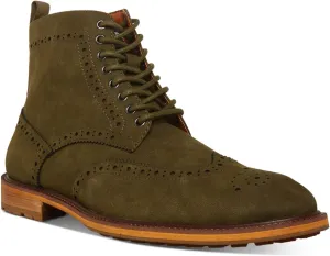 MADDEN Mens Olive Green Brogue Detailing Lace-Up Front Heel Pull-Tab Padded Remppr Wingtip Toe Block Heel Zip-Up Boots Shoes 11