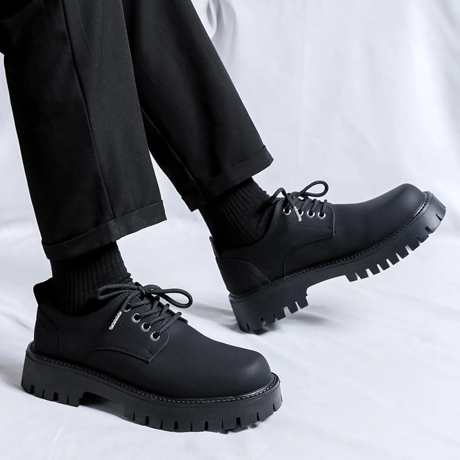 Men's Leather Platform Penny Oxfords Classic Round Toe Comfort Slip On Heightening Chunky Heel Lug Sole Soft Sole Dress Derby Shoes for Work Office Business