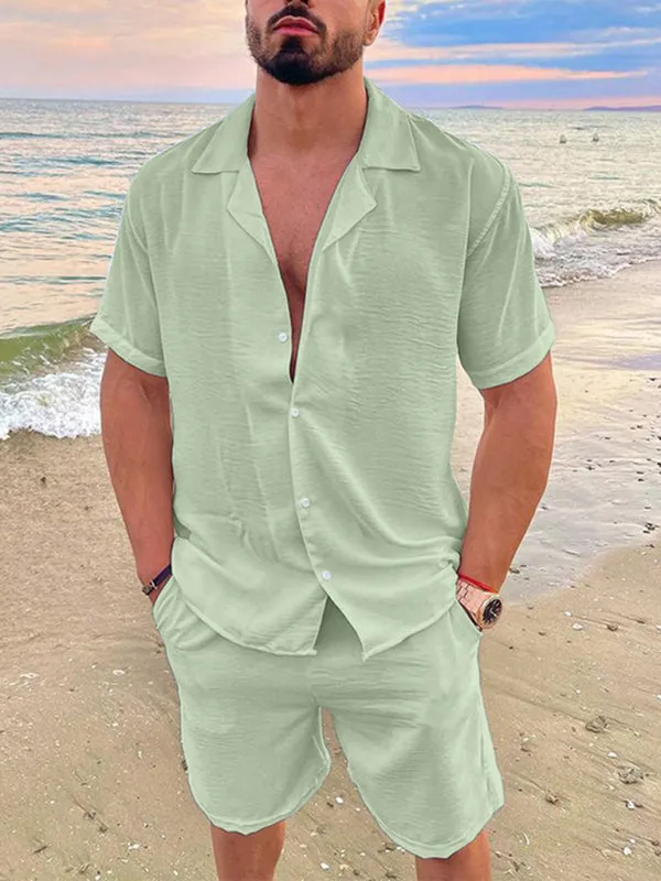 Men's Summer Lapel Cotton Linen Solid Color Short Sleeve Shorts Set