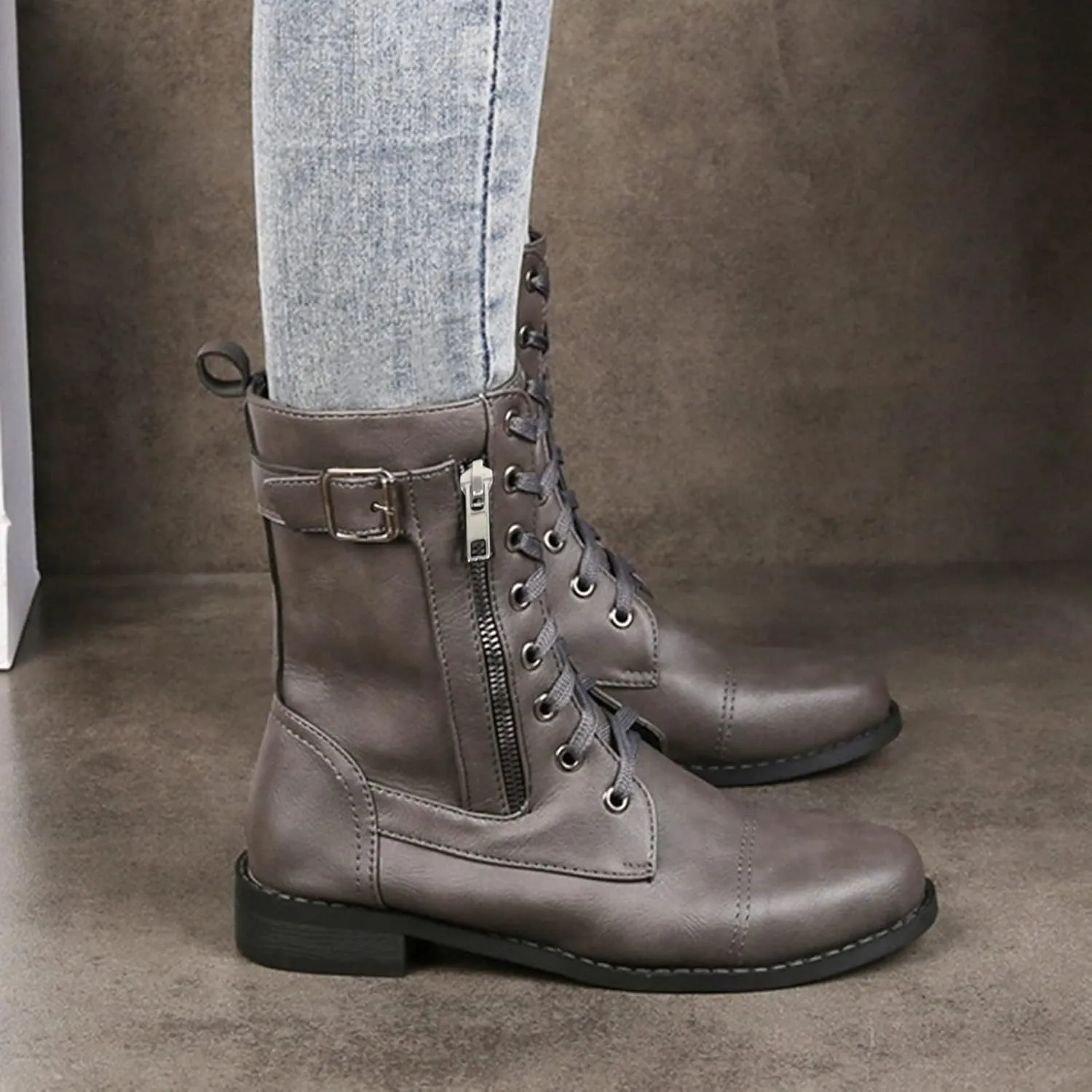 Mid Calf Side Zipper Boots for Women Leather Lace upFashion Boots Mid Calf Chunky Heels Lace up Side Zipper Fashion