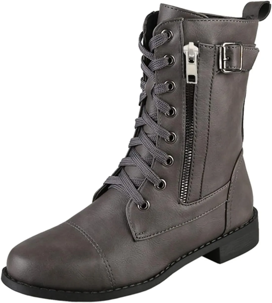 Mid Calf Side Zipper Boots for Women Leather Lace upFashion Boots Mid Calf Chunky Heels Lace up Side Zipper Fashion