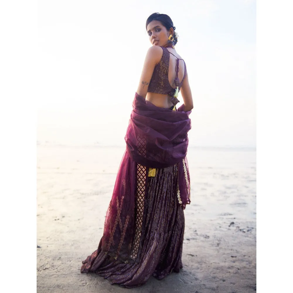 MONK & MEI Melania Lehenga, blouse and dupatta- Wine