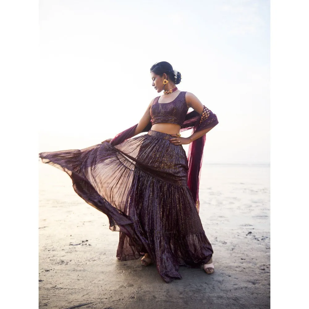 MONK & MEI Melania Lehenga, blouse and dupatta- Wine