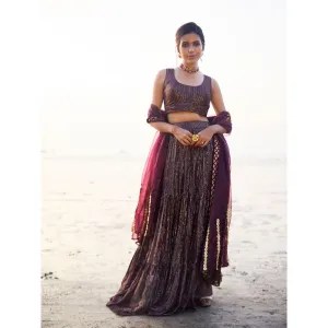 MONK & MEI Melania Lehenga, blouse and dupatta- Wine