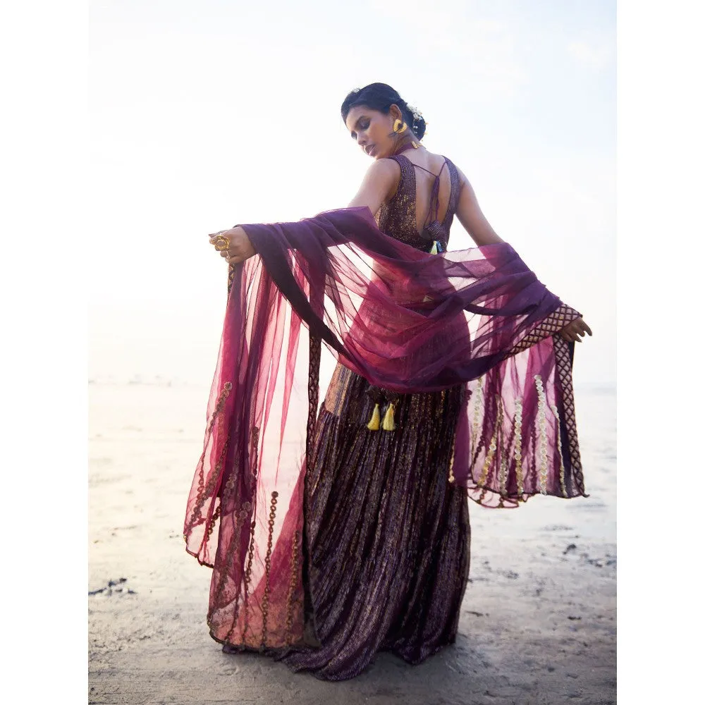 MONK & MEI Melania Lehenga, blouse and dupatta- Wine