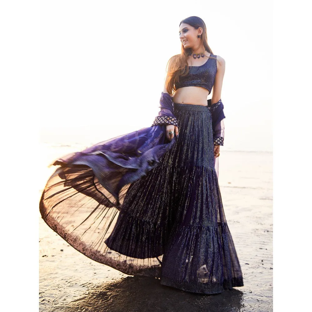 MONK & MEI Melania Lehenga With Blouse And Dupatta Blue (Set of 3)