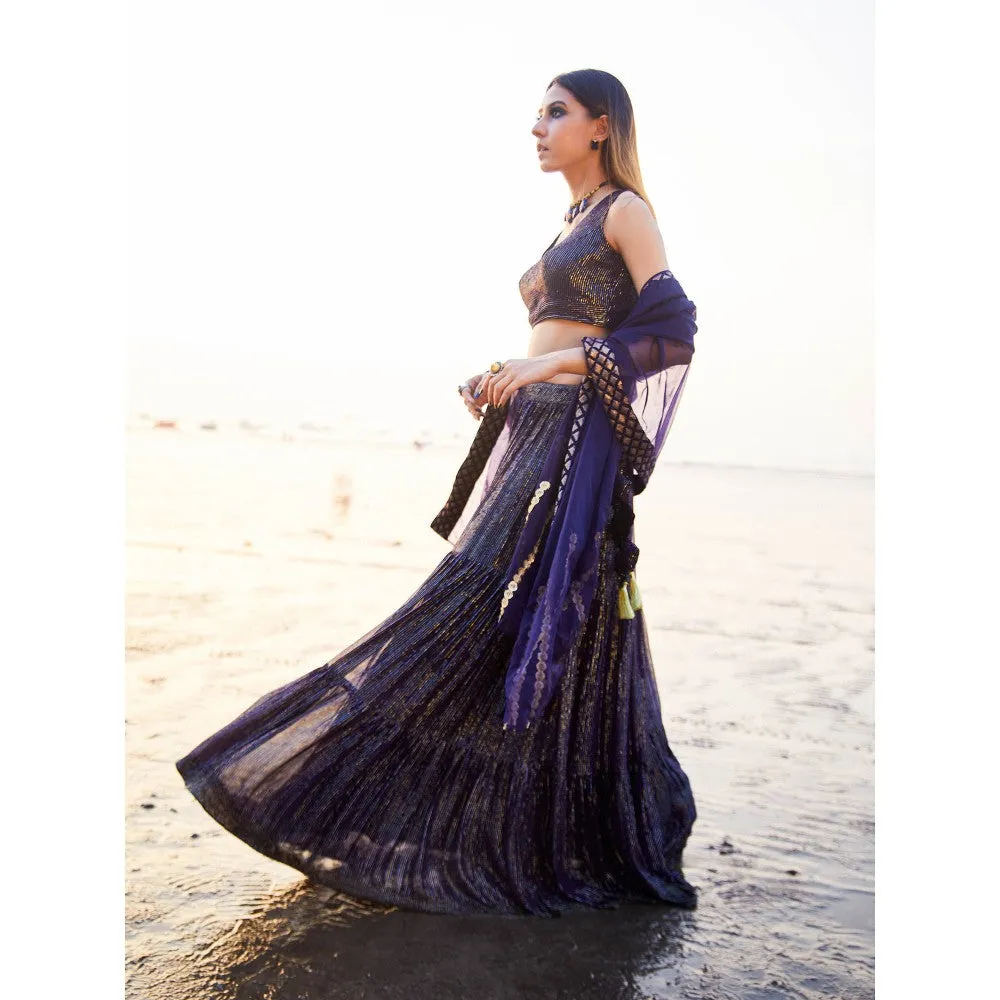 MONK & MEI Melania Lehenga With Blouse And Dupatta Blue (Set of 3)