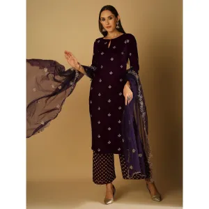Monk & Mei Ruhani-Kurta Palazzo Dupatta - Violet (Set Of 3)